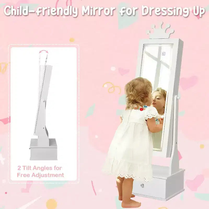 Meuble à bijoux pour enfants avec miroir pleine longueur à LED, coiffeuse de princesse autoportante avec tiroirs et organiseur à bijoux, armoire avec lumières pour les filles qui se déguisent