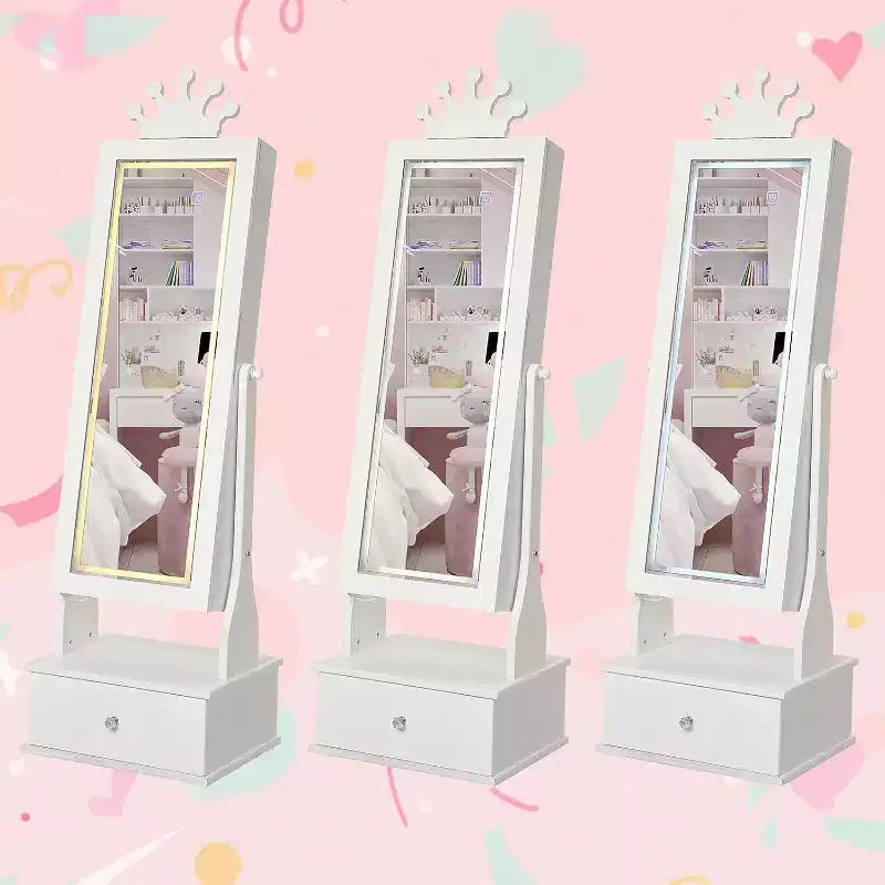 Meuble à bijoux pour enfants avec miroir pleine longueur à LED, coiffeuse de princesse autoportante avec tiroirs et organiseur à bijoux, armoire avec lumières pour les filles qui se déguisent