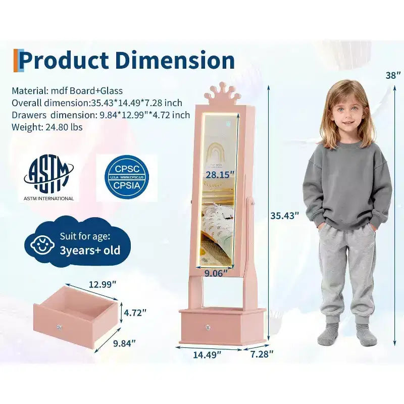 Meuble à bijoux pour enfants avec miroir pleine longueur à LED, coiffeuse de princesse autoportante avec tiroirs et organiseur à bijoux, armoire avec lumières pour les filles qui se déguisent