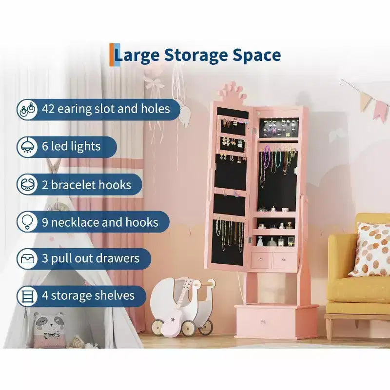 Meuble à bijoux pour enfants avec miroir pleine longueur à LED, coiffeuse de princesse autoportante avec tiroirs et organiseur à bijoux, armoire avec lumières pour les filles qui se déguisent
