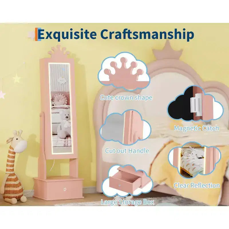 Meuble à bijoux pour enfants avec miroir pleine longueur à LED, coiffeuse de princesse autoportante avec tiroirs et organiseur à bijoux, armoire avec lumières pour les filles qui se déguisent