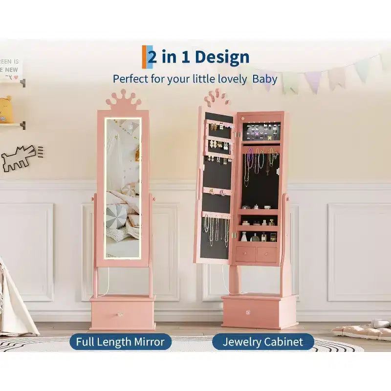 Meuble à bijoux pour enfants avec miroir pleine longueur à LED, coiffeuse de princesse autoportante avec tiroirs et organiseur à bijoux, armoire avec lumières pour les filles qui se déguisent
