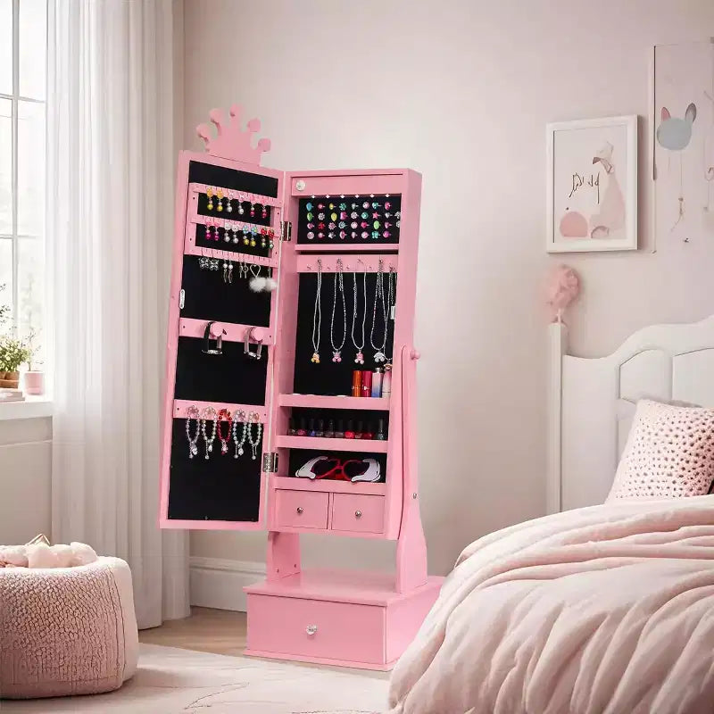 Meuble à bijoux pour enfants avec miroir pleine longueur à LED, coiffeuse de princesse autoportante avec tiroirs et organiseur à bijoux, armoire avec lumières pour les filles qui se déguisent