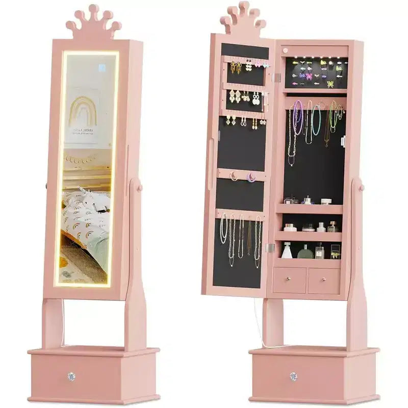 Kids Jewelry Cabinet with LED Full-Length Mirror,Freestanding Princess Vanity with Drawers & Jewelry Organizer,Armoire with Lights for Girls Dress Up
