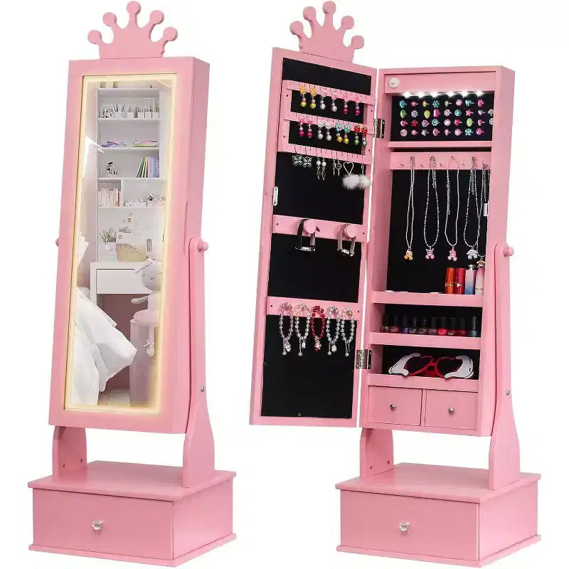Meuble à bijoux pour enfants avec miroir pleine longueur à LED, coiffeuse de princesse autoportante avec tiroirs et organiseur à bijoux, armoire avec lumières pour les filles qui se déguisent