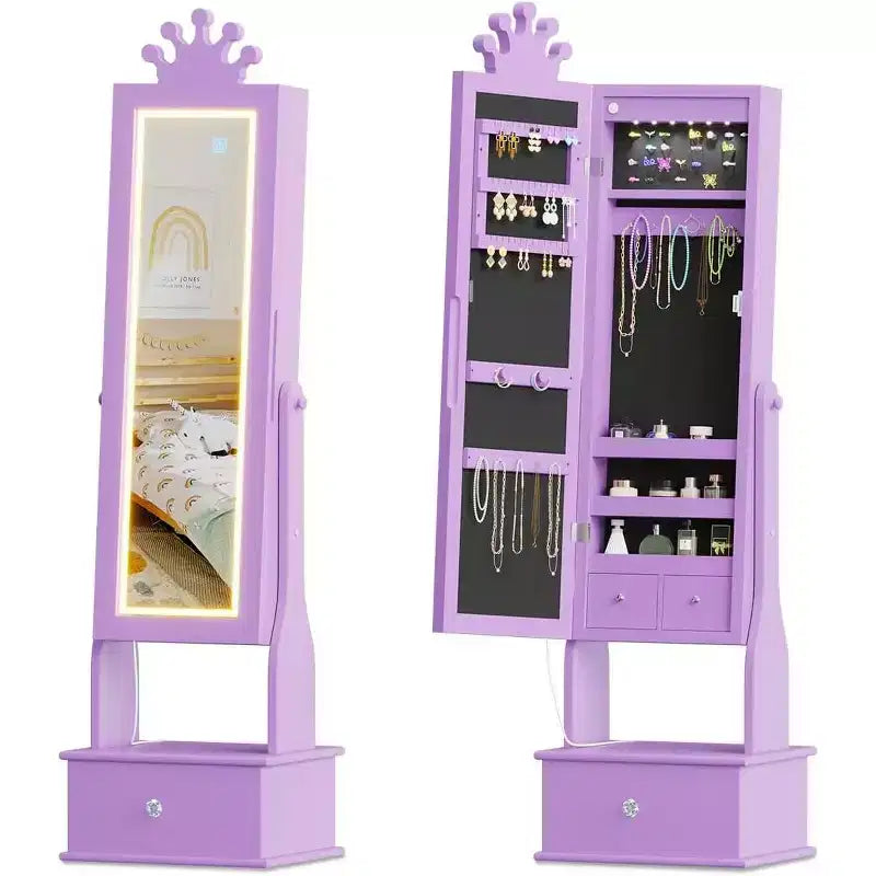 Meuble à bijoux pour enfants avec miroir pleine longueur à LED, coiffeuse de princesse autoportante avec tiroirs et organiseur à bijoux, armoire avec lumières pour les filles qui se déguisent