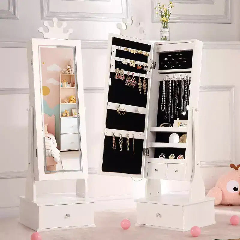 Meuble à bijoux pour enfants avec miroir pleine longueur à LED, coiffeuse de princesse autoportante avec tiroirs et organiseur à bijoux, armoire avec lumières pour les filles qui se déguisent