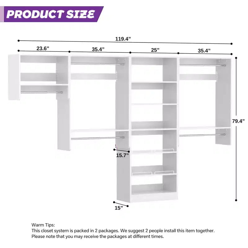 Organisateur de dressing avec 9 étagères, système de rangement en bois avec tringles de suspension