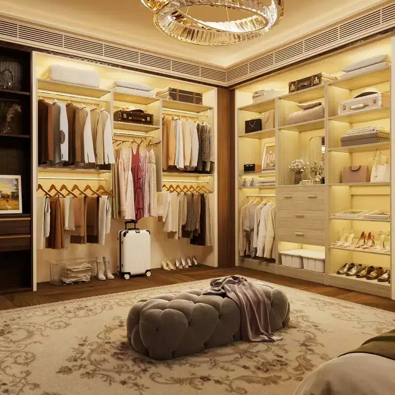 Organisateur de dressing avec 9 étagères, système de rangement en bois avec tringles de suspension