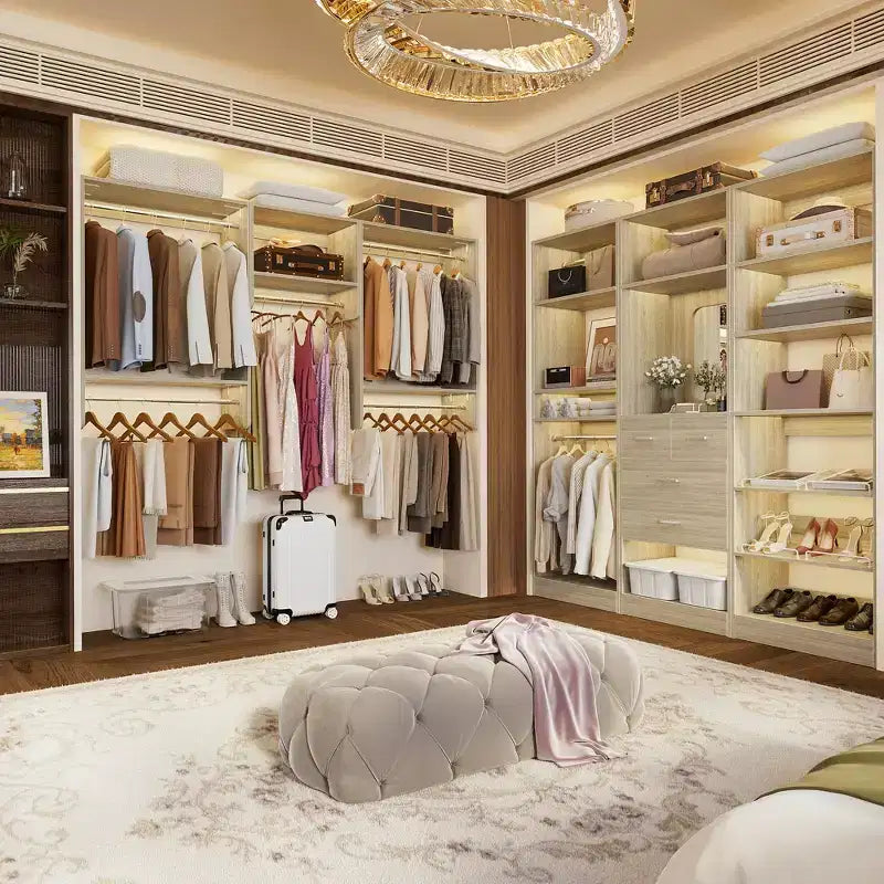 Organisateur de dressing avec 9 étagères, système de rangement en bois avec tringles de suspension
