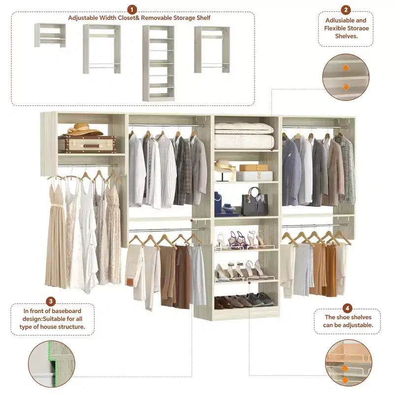 Organisateur de dressing avec 9 étagères, système de rangement en bois avec tringles de suspension