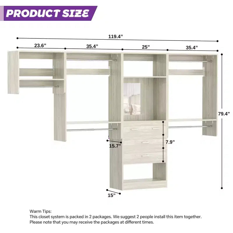 Organisateur de dressing avec 9 étagères, système de rangement en bois avec tringles de suspension