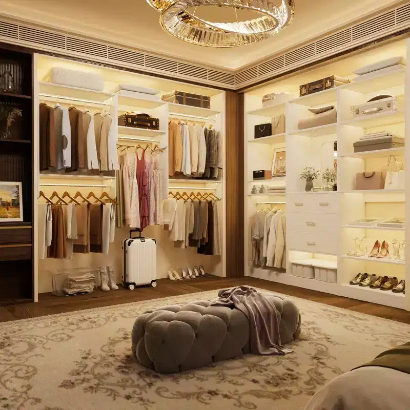Organisateur de dressing avec 9 étagères, système de rangement en bois avec tringles de suspension