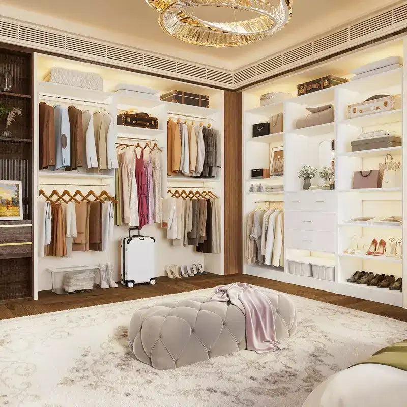 Organisateur de dressing avec 9 étagères, système de rangement en bois avec tringles de suspension