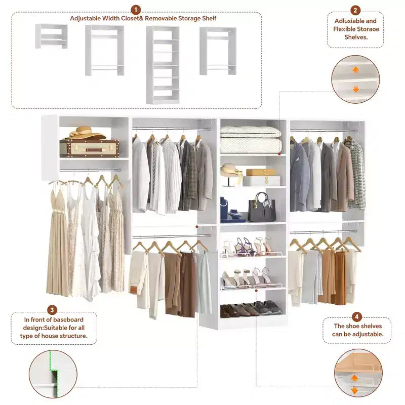 Organisateur de dressing avec 9 étagères, système de rangement en bois avec tringles de suspension