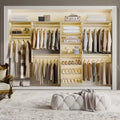 Besiost Walk-In Closet Orangizer with 9 Shelves, Wooden Closet System with Hanging Rods