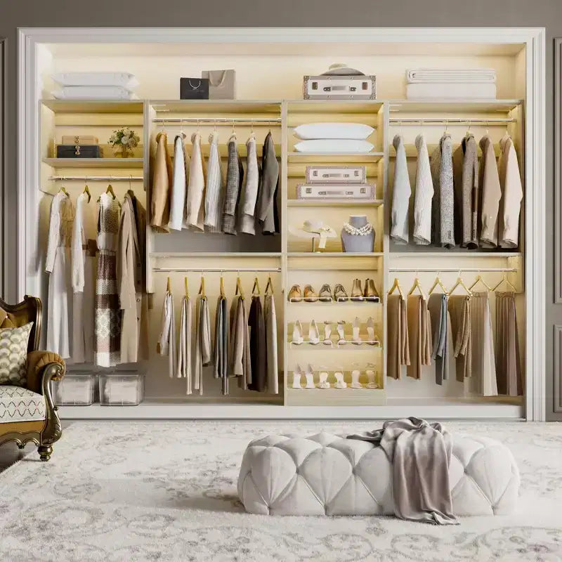 Besiost Walk-In Closet Orangizer with 9 Shelves, Wooden Closet System with Hanging Rods