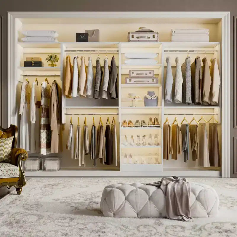 Organisateur de dressing avec 9 étagères, système de rangement en bois avec tringles de suspension