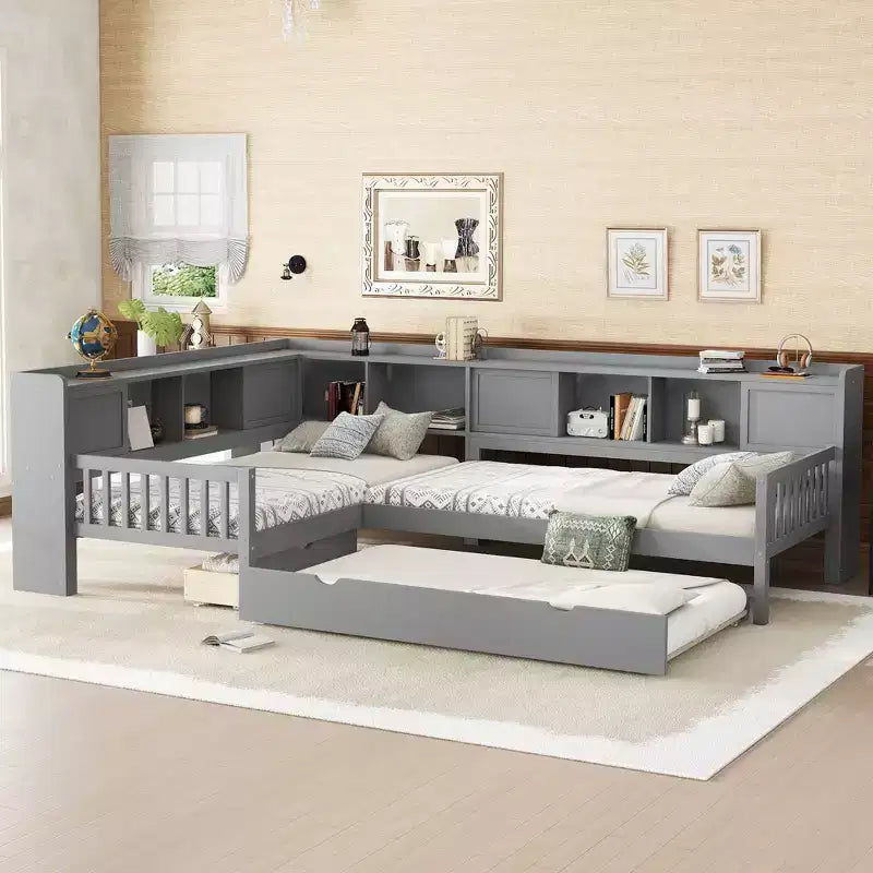 L-shaped Platform Bed Twin Size with Trundle Solid Wood Platform Bed with Storage Drawers and Shelves No Spring Box Needed Grey