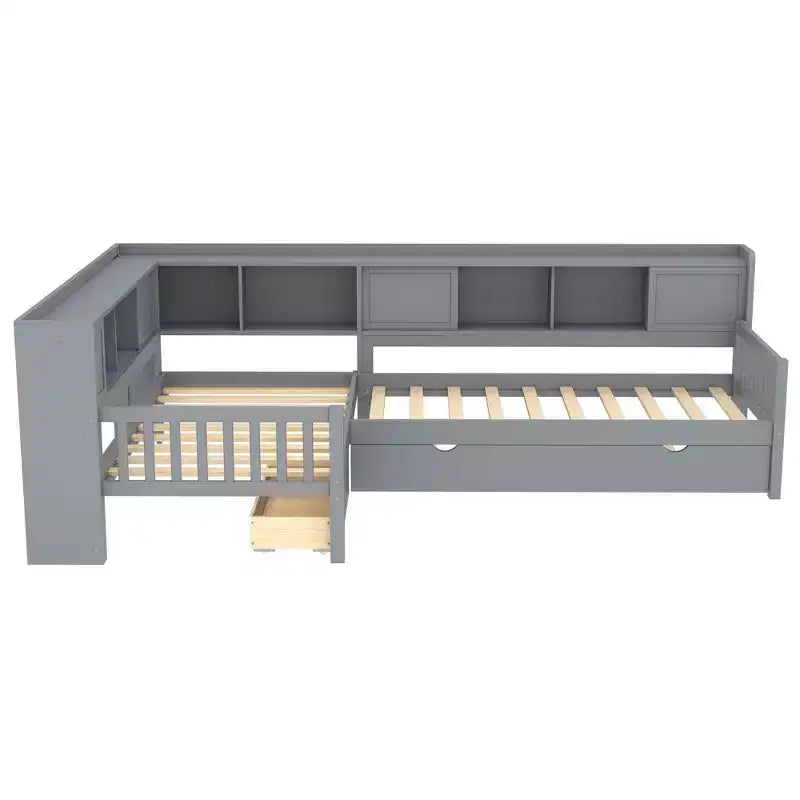 Lit plateforme en forme de L taille double avec lit gigogne Lit plateforme en bois massif avec tiroirs de rangement et étagères Pas besoin de sommier Gris