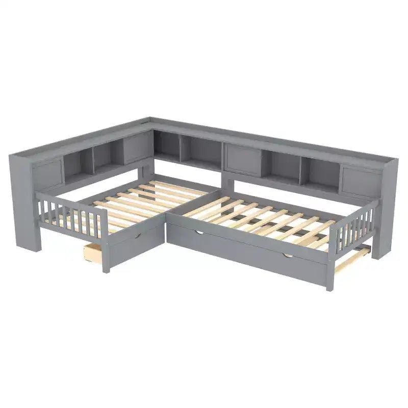 Lit plateforme en forme de L taille double avec lit gigogne Lit plateforme en bois massif avec tiroirs de rangement et étagères Pas besoin de sommier Gris