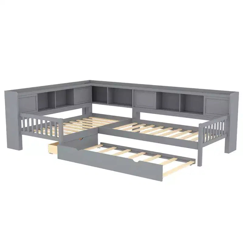 Lit plateforme en forme de L taille double avec lit gigogne Lit plateforme en bois massif avec tiroirs de rangement et étagères Pas besoin de sommier Gris