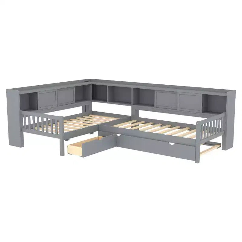 Lit plateforme en forme de L taille double avec lit gigogne Lit plateforme en bois massif avec tiroirs de rangement et étagères Pas besoin de sommier Gris