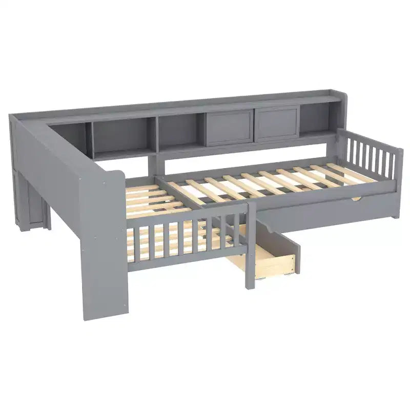 Lit plateforme en forme de L taille double avec lit gigogne Lit plateforme en bois massif avec tiroirs de rangement et étagères Pas besoin de sommier Gris
