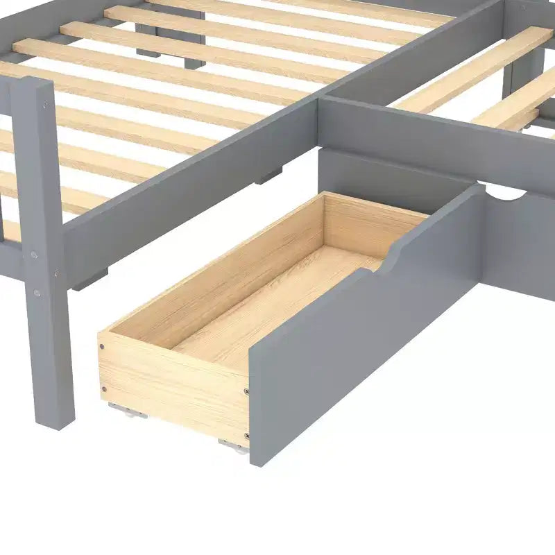 Lit plateforme en forme de L taille double avec lit gigogne Lit plateforme en bois massif avec tiroirs de rangement et étagères Pas besoin de sommier Gris