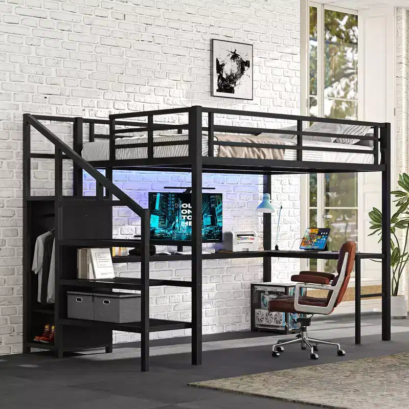 Full Size Loft Bed with L-shaped Desk and USB Metal Loft Bed with Wardrobe and Adjustable Shelf High Loft Bed with LED for Kids Teens Adults Black