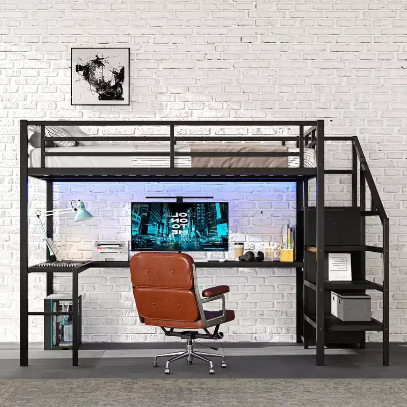 Lit mezzanine pleine grandeur avec bureau en L et USB Lit mezzanine en métal avec armoire et étagère réglable Lit mezzanine haut avec LED pour enfants adolescents adultes Noir