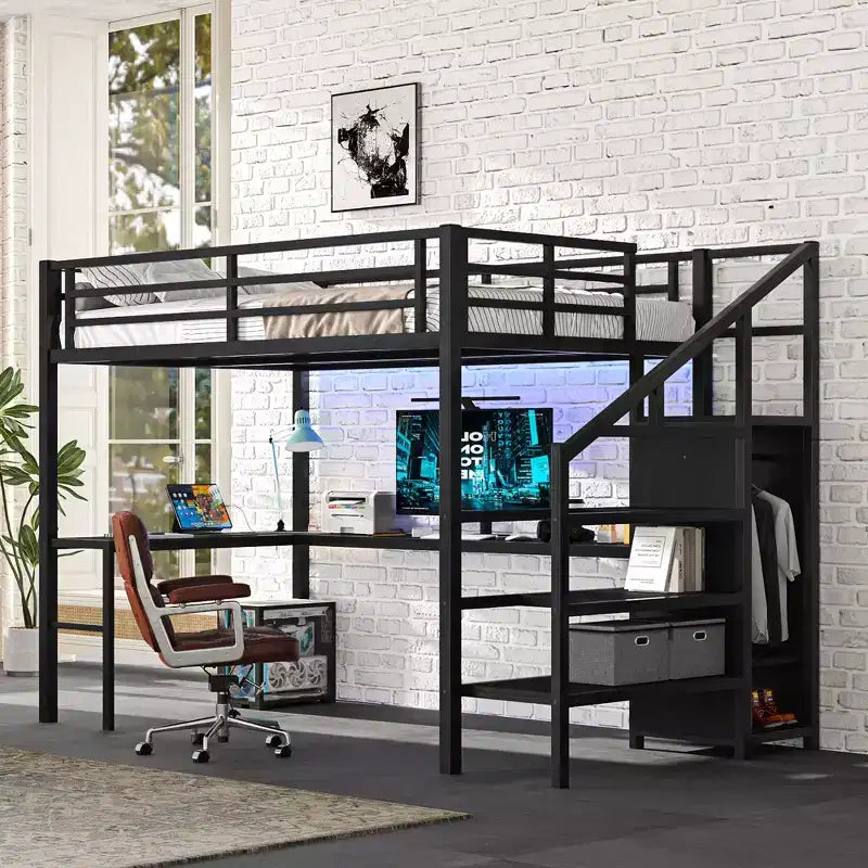 Lit mezzanine pleine grandeur avec bureau en L et USB Lit mezzanine en métal avec armoire et étagère réglable Lit mezzanine haut avec LED pour enfants adolescents adultes Noir