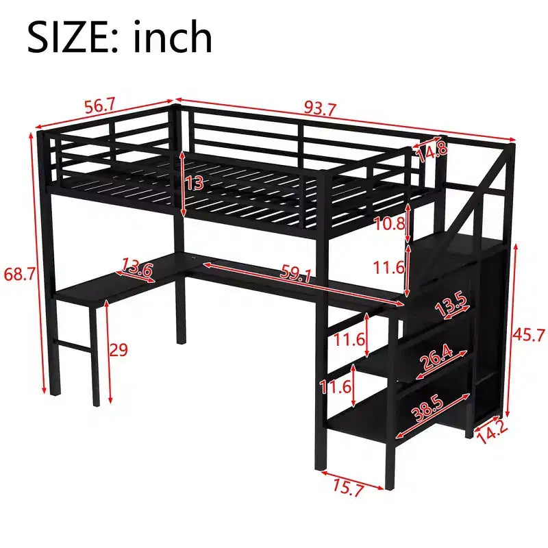 Lit mezzanine pleine grandeur avec bureau en L et USB Lit mezzanine en métal avec armoire et étagère réglable Lit mezzanine haut avec LED pour enfants adolescents adultes Noir