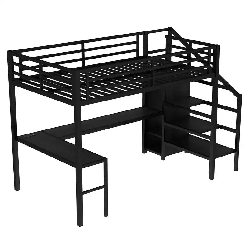 Lit mezzanine pleine grandeur avec bureau en L et USB Lit mezzanine en métal avec armoire et étagère réglable Lit mezzanine haut avec LED pour enfants adolescents adultes Noir