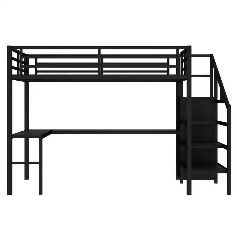 Lit mezzanine pleine grandeur avec bureau en L et USB Lit mezzanine en métal avec armoire et étagère réglable Lit mezzanine haut avec LED pour enfants adolescents adultes Noir