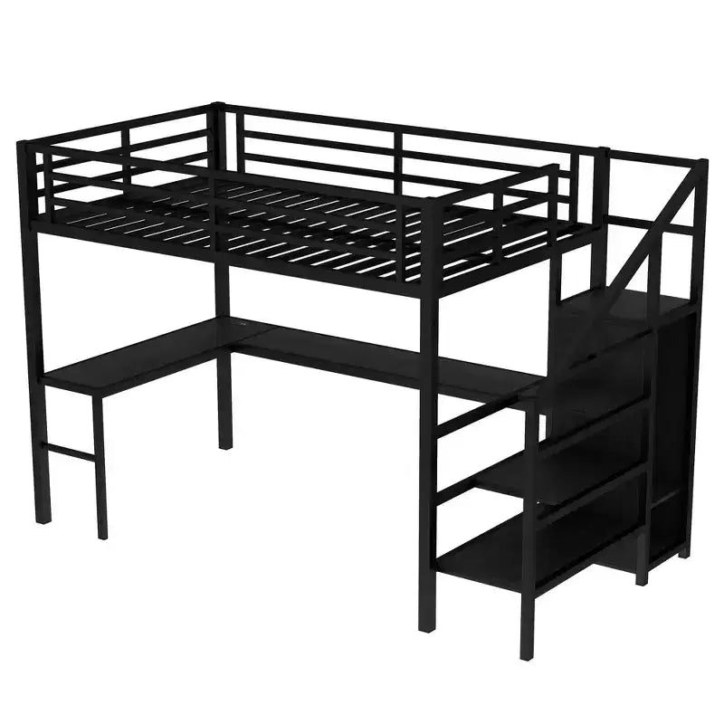 Lit mezzanine pleine grandeur avec bureau en L et USB Lit mezzanine en métal avec armoire et étagère réglable Lit mezzanine haut avec LED pour enfants adolescents adultes Noir