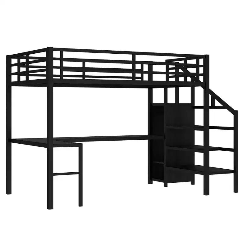 Lit mezzanine pleine grandeur avec bureau en L et USB Lit mezzanine en métal avec armoire et étagère réglable Lit mezzanine haut avec LED pour enfants adolescents adultes Noir