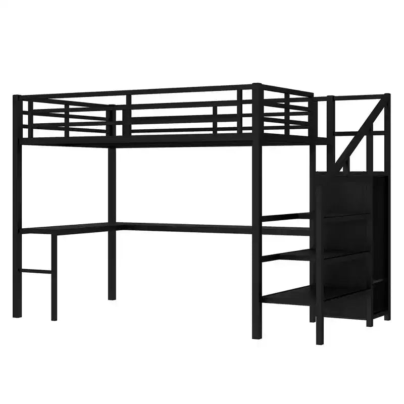 Lit mezzanine pleine grandeur avec bureau en L et USB Lit mezzanine en métal avec armoire et étagère réglable Lit mezzanine haut avec LED pour enfants adolescents adultes Noir