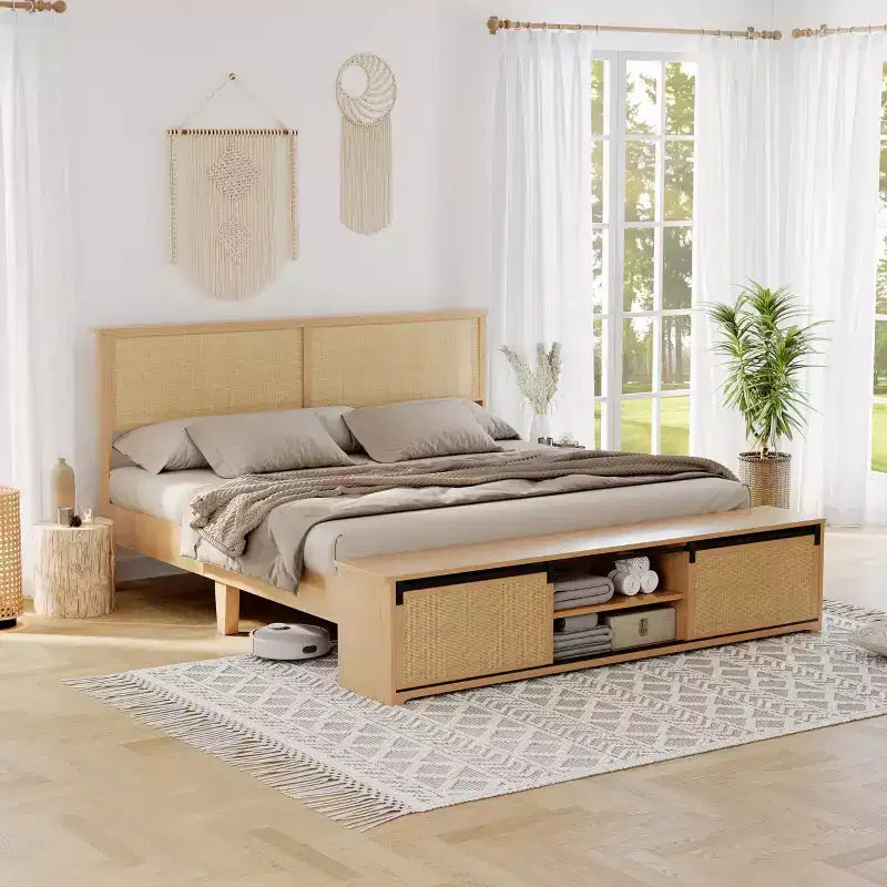 Acekool Rattan Platform Bed Frame with Storage Bench, LED Lights, App Control, Wicker Headboard, Noise-Free Support, No Box Spring Needed