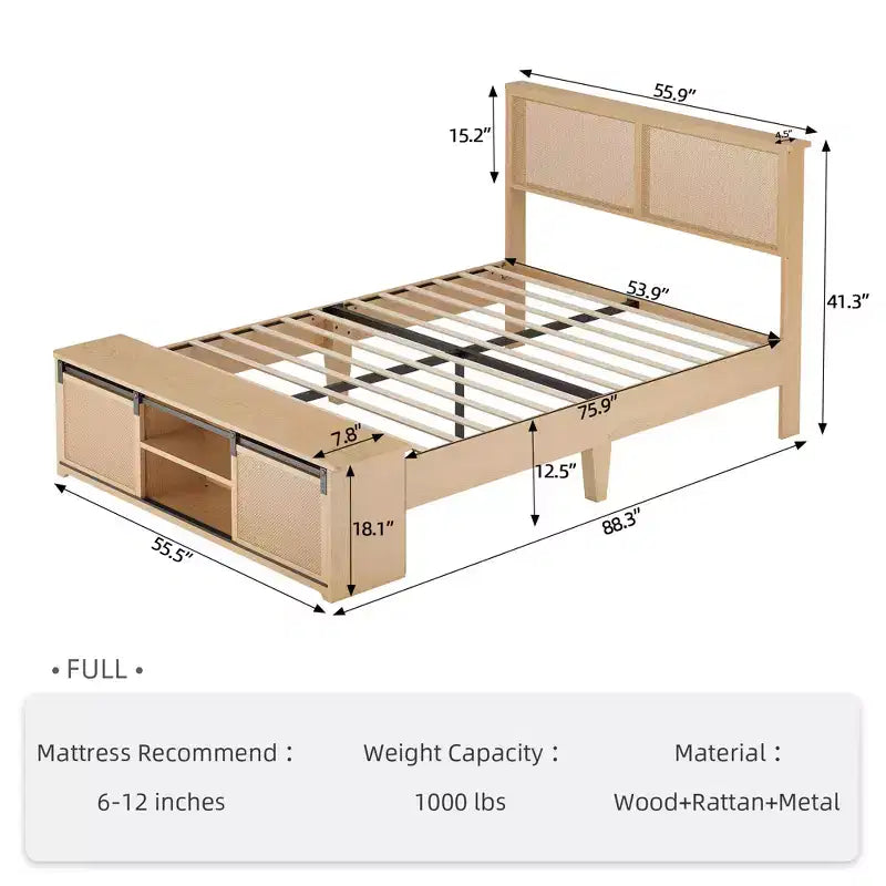 Cadre de lit plateforme en rotin avec banc de rangement, lumières LED, contrôle par application, tête de lit en osier, support silencieux, aucun sommier tapissier requis