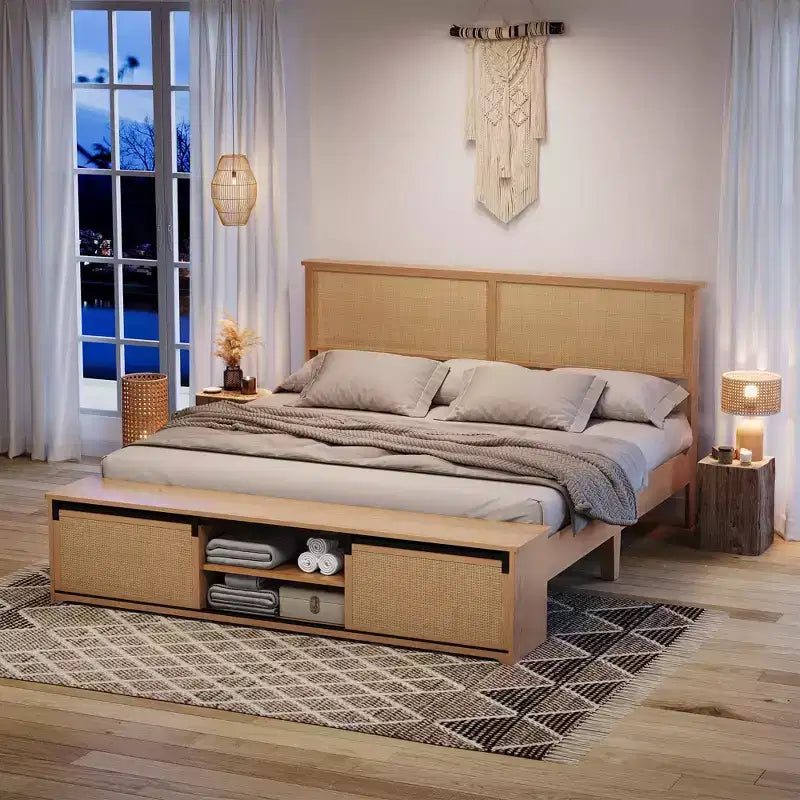 Cadre de lit plateforme en rotin avec banc de rangement, lumières LED, contrôle par application, tête de lit en osier, support silencieux, aucun sommier tapissier requis