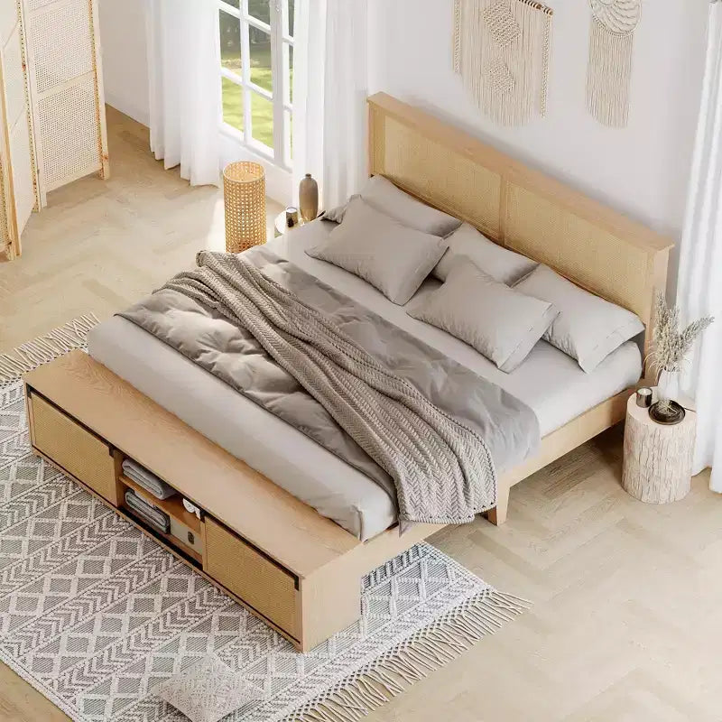 Cadre de lit plateforme en rotin avec banc de rangement, lumières LED, contrôle par application, tête de lit en osier, support silencieux, aucun sommier tapissier requis