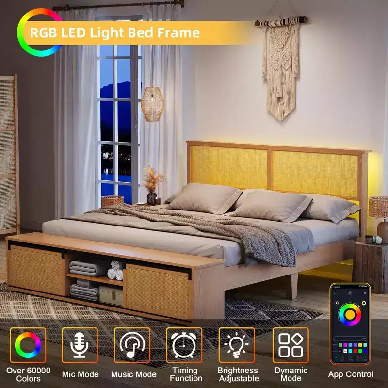 Cadre de lit plateforme en rotin avec banc de rangement, lumières LED, contrôle par application, tête de lit en osier, support silencieux, aucun sommier tapissier requis