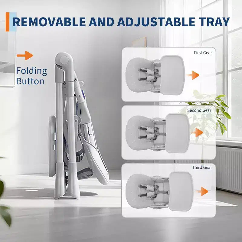 Chaise haute pour bébés et tout-petits, chaise d'alimentation pliable avec hauteur/dossier/repose-pieds réglables, plateau amovible, conception pliable rapide