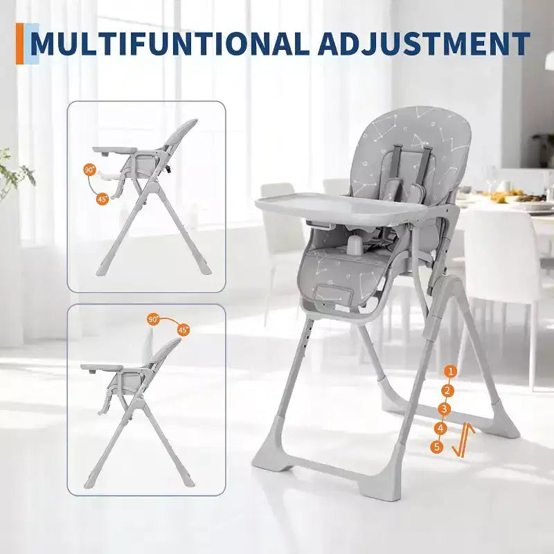 Chaise haute pour bébés et tout-petits, chaise d'alimentation pliable avec hauteur/dossier/repose-pieds réglables, plateau amovible, conception pliable rapide