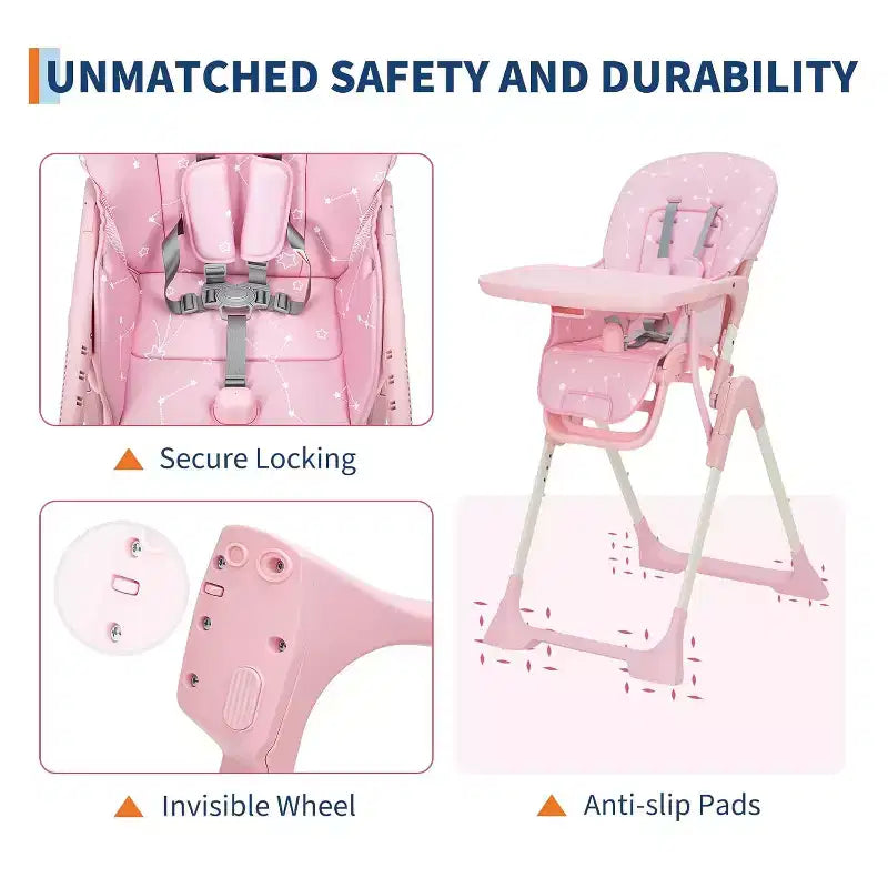 Chaise haute pour bébés et tout-petits, chaise d'alimentation pliable avec hauteur/dossier/repose-pieds réglables, plateau amovible, conception pliable rapide
