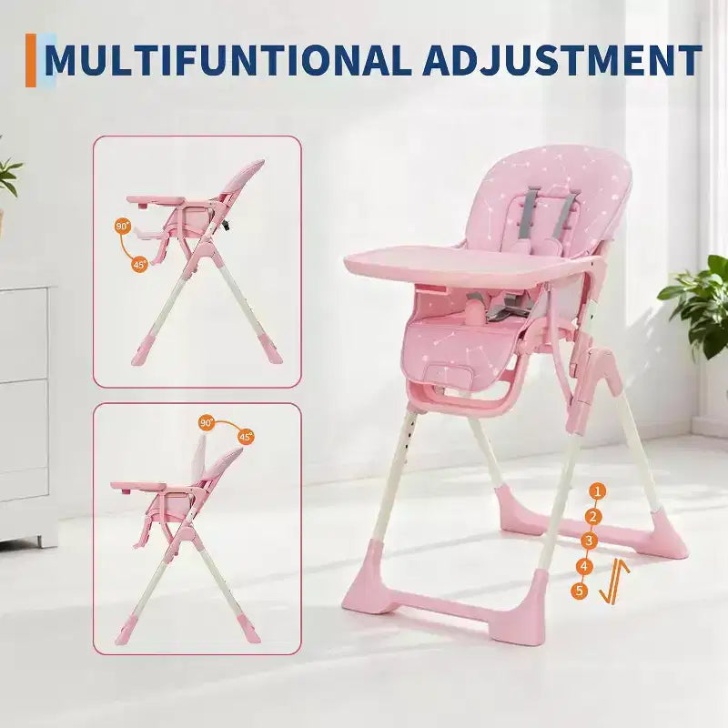Chaise haute pour bébés et tout-petits, chaise d'alimentation pliable avec hauteur/dossier/repose-pieds réglables, plateau amovible, conception pliable rapide