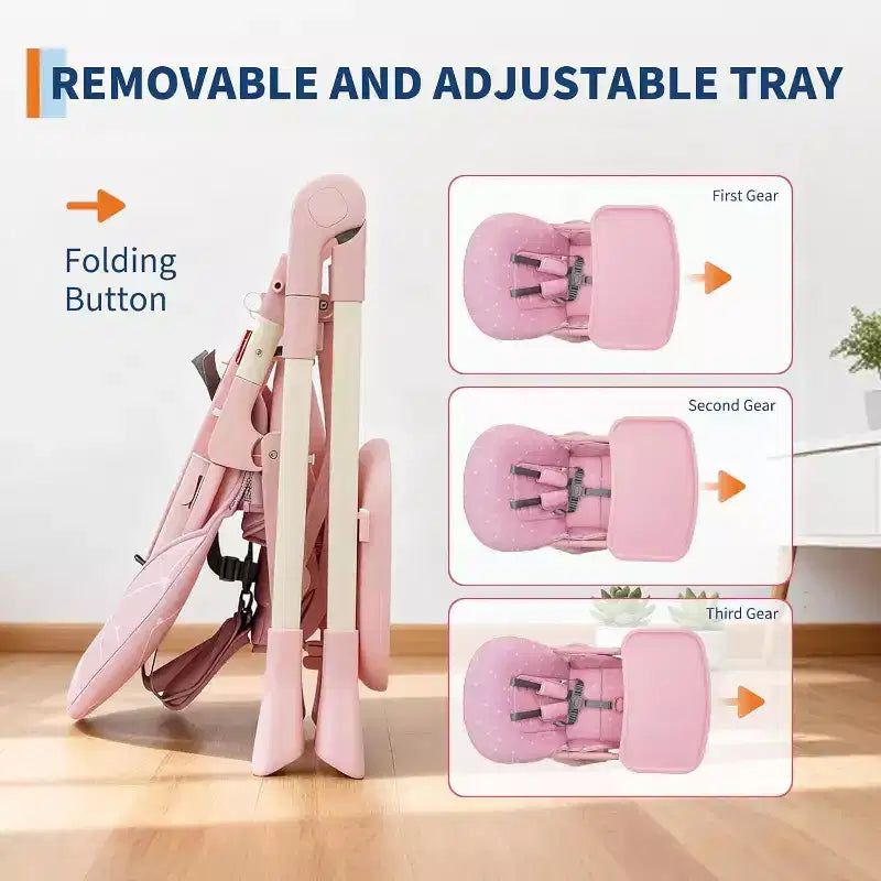 Chaise haute pour bébés et tout-petits, chaise d'alimentation pliable avec hauteur/dossier/repose-pieds réglables, plateau amovible, conception pliable rapide
