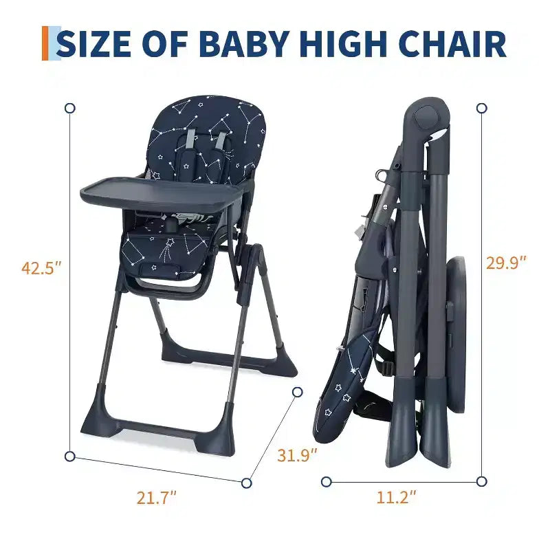 Chaise haute pour bébés et tout-petits, chaise d'alimentation pliable avec hauteur/dossier/repose-pieds réglables, plateau amovible, conception pliable rapide