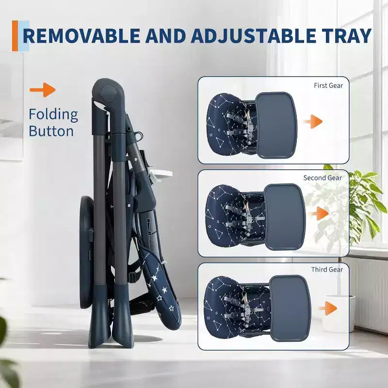 Chaise haute pour bébés et tout-petits, chaise d'alimentation pliable avec hauteur/dossier/repose-pieds réglables, plateau amovible, conception pliable rapide